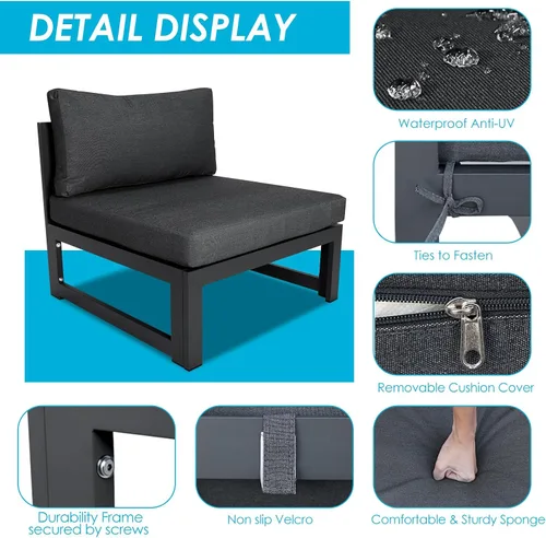 Vista 3 de RADIATA Sofá blanco de aluminio 2 piezas sillas sin brazos Muebles de patio al aire libre (gris)