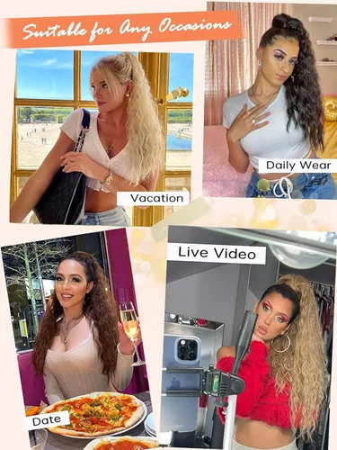 Vista 5 de Extensión de cola de caballo de 26 pulgadas de largo, color negro, para mujer, extensiones de cabello sintético largo rizado ondulado con clip