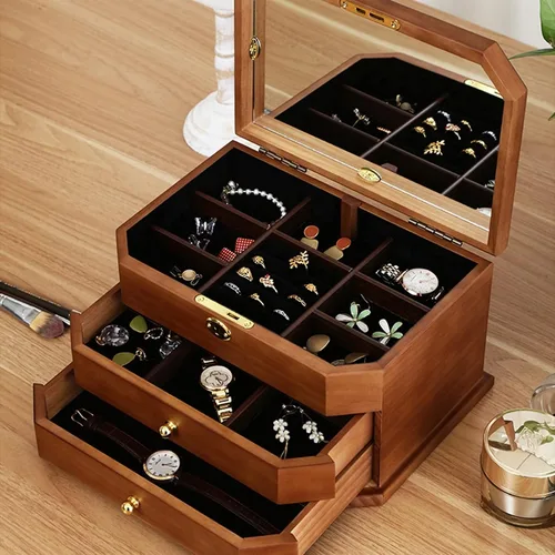 Vista 6 de MUSUMI Joyero extra grande de madera maciza, caja de joyería de madera maciza, caja de almacenamiento de regalo, organizador con cerradura