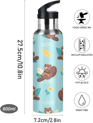 Vista 9 de Cute Cartoon Beavers Blue Insulated Water Bottle 20 Oz Leakproof Water Bottles, BPA-Free Sport Water Bottle Insulated