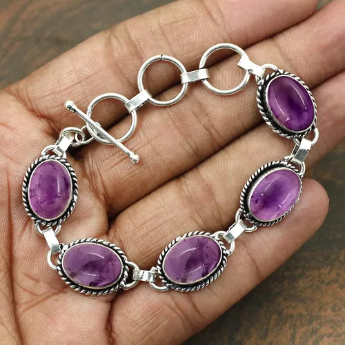 Vista 4 de Natural & Synthetic Gemstones 925 Silver Plated Handmade Link Bracelets Amatista