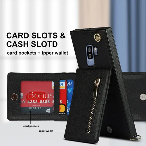Vista 8 de Funda para teléfono Samsung Galaxy S9 con correa cruzada, tarjetero de cuero, con cordón, ranuras de crédito, cierre magnético, accesorios para Negro