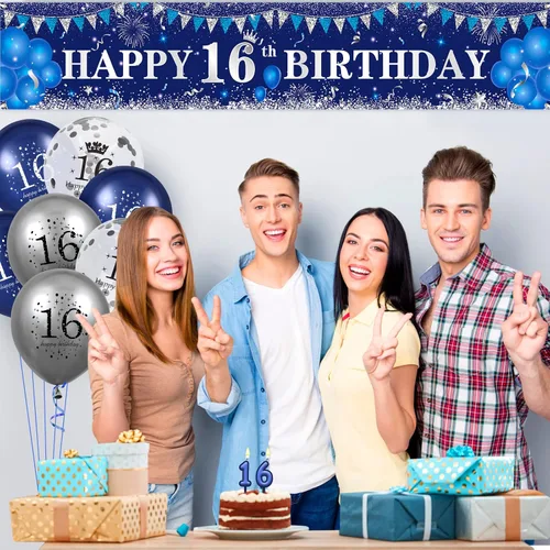 Vista 6 de Decoraciones azules de cumpleaños número 16 para niños y niñas - Pancarta feliz azul marino plateado y globos para suministros de fiesta
