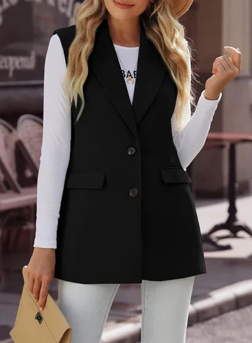 Vista 7 de Happy Sailed Chaleco largo para mujer, de moda, con dos botones, solapa, sin mangas, para oficina, con bolsillos
