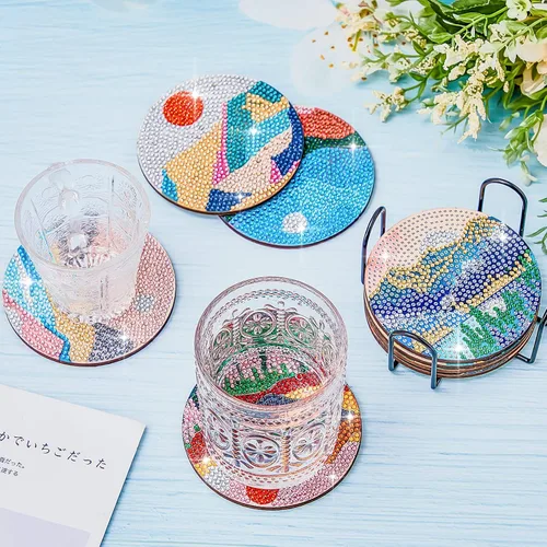 Vista 4 de 8 posavasos de pintura de diamantes para manualidades, paisaje, bricolaje, 5D, kit de pintura de diamante, posavasos brillantes con soporte