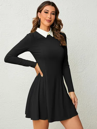 Vista 5 de Vestido de manga larga para mujer, con cuello Peter Pan, ajuste y acampanado para el miércoles Addam