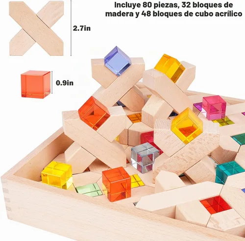 Vista 7 de Agirlgle - Cubos de Construcción de Madera Arcoíris, Bloques de Apilar de Gemas, Juego de Apilado de Arcoíris Montessori Colorido, Elegantes Bloques