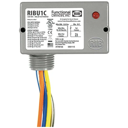 Vista 2 de Functional Devices RIBU1C Relé piloto cerrado, 10 Amp Spdt con bobina de 10-30 Vac/Dc/120 Vac