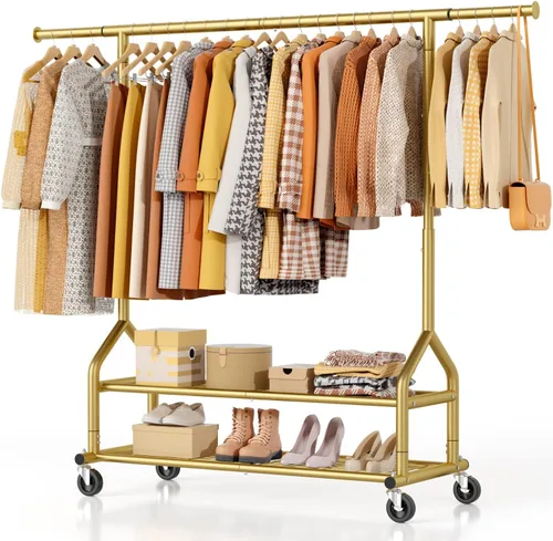 Vista 10 de EAGMAK Perchero de ropa resistente con capacidad de carga de 192 kg, perchero enrollable con estantes, colgador de ropa ajustable de metal