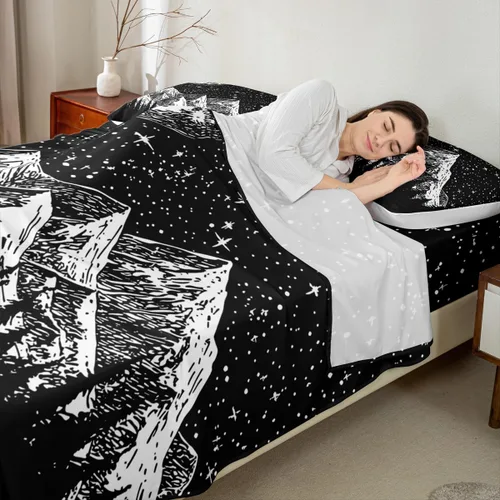 Vista 4 de Juego de sábanas de 3 piezas con diseño abstracto de estrellas y sol para niños, diseño de luna y sol, para niños y adultos, diseño de árbol
