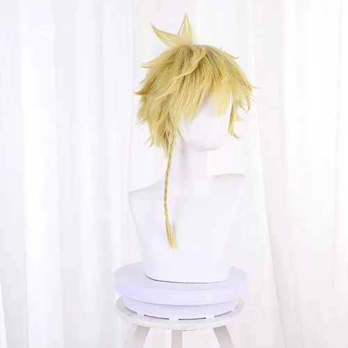 Vista 2 de Peluca de anime Jigokuraku para adultos y niños, Hell's Paradise Aza Choubei Cosplay corto frito masa torcidos trenza, pelo amarillo dorado, pelucas