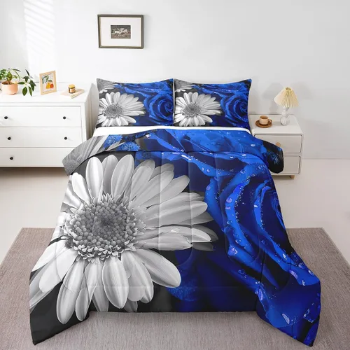 Vista 21 de Juego de edredón de rosas rojas, tamaño individual, juego de ropa de cama floral rojo degradado negro para niñas, mujeres, niños, adolescentes