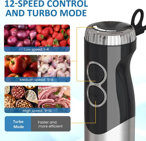 Vista 3 de Licuadora de inmersión profesional 6 en 1, licuadora de mano resistente con 12 velocidades y 10 accesorios, picadora de alimentos de 20 onzas