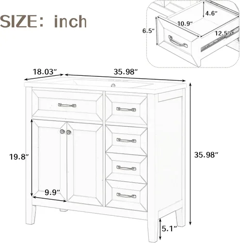 Vista 4 de Runboll Armario de tocador de baño de 36 x 18 pulgadas con parte superior del fregadero, juego de lavabo de baño con cajón y 3 agujeros para grifo