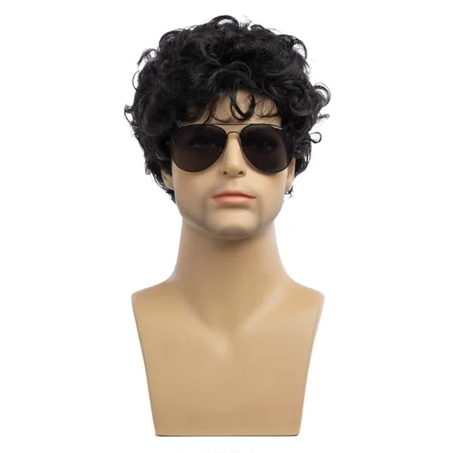 Vista 2 de Peluca negra corta y rizada para hombre, peluca sintética para cosplay, con gorra de peluca