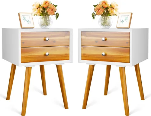 Vista 11 de Mesita de noche de 23.5 pulgadas con 2 cajones, mesa auxiliar de madera para sala de estar, muebles de dormitorio