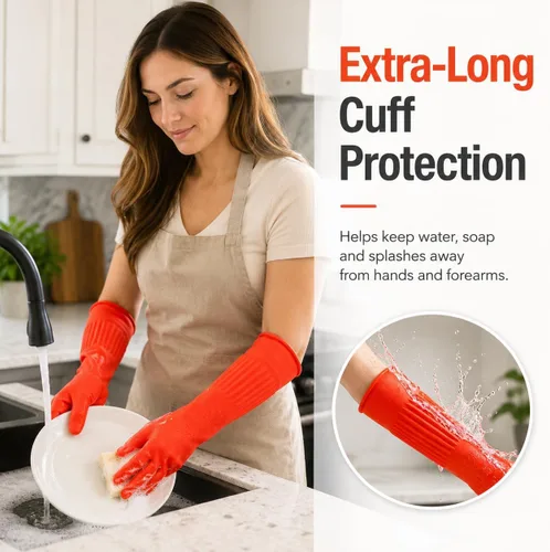 Vista 2 de ThxToms Guantes de goma para limpieza de platos (2 pares), forro polar suave, reutilizables, impermeables, con puño extra largo y agarre