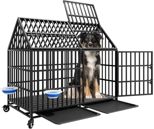 Vista 10 de Jaula indestructible para perros de 44 pulgadas, resistente a escapes, con techo puntiagudo para perros grandes y medianos de alta ansiedad, jaula