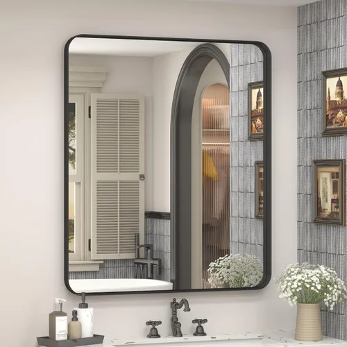 Vista 23 de Paquete de 2 espejos de baño con marco de metal negro de 22 x 30 pulgadas, espejo rectangular redondeado negro mate, antioxidante, se cuelga