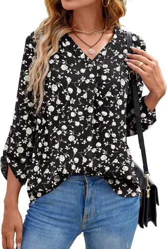 Vista 2 de QUEZHU Blusas de manga 34 para mujer, estilo casual, elegante, de gasa, cuello en V, blusas
