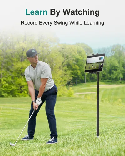 Vista 5 de Palo monopie de golf, soporte para tableta de golf para iPad y teléfono de 4 a 13 pulgadas, soporte analizador de swing de golf con palo de selfie