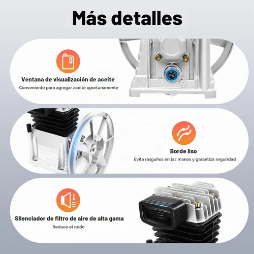 Vista 7 de Bomba de compresor de aire, 2HP 6.18CFM, bomba de lubricación de salpicaduras de aluminio de cilindro gemelo de una sola etapa (2HP, 6.18CFM)