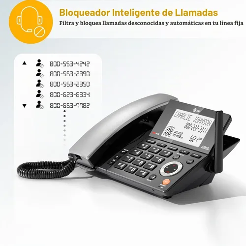 Vista 4 de AT&T DECT 6.0 Teléfono doméstico con cable o inalámbrico con 1 auricular y contestador, bloqueador de llamadas inteligente, identificación