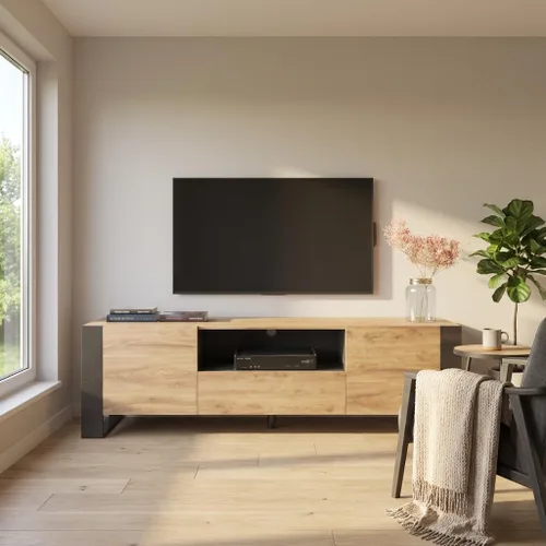 Vista 7 de Woody - Soporte de TV moderno de alto brillo de 71 pulgadas (roble/gris)
