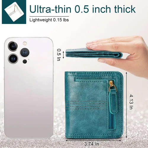 Vista 3 de APHISON Billetera para mujer, delgada y pequeña, cartera RFID para mujer, azul (01A125peacock Blue), Moda