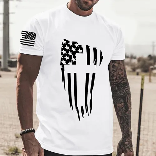 Vista 4 de Camiseta básica para hombre del 4 de julio con estampado de bandera americana, camiseta patriótica de cuello redondo, camiseta clásica de manga