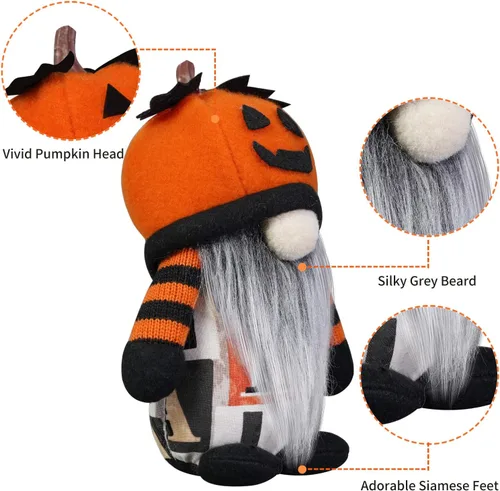Vista 4 de Decoraciones de gnomos de Halloween, paquete de 2 sombreros hechos a mano con cara de calabaza sueca Tomte nórdico de felpa elfo Nisse adorables