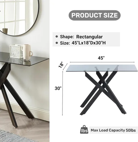 Vista 2 de Edwin's Choice Mesa consola de vidrio negro estrecha con parte superior de vidrio templado gris y patas tubulares de metal negro con borde dorado