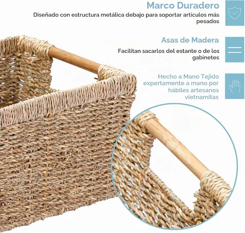 Vista 3 de Cesta de hierba marina natural con mango de madera, cesta de mimbre rectangular mediana para sala de estar, 12.2 x 8.9 x 6.7 pulgadas, paquete de 3
