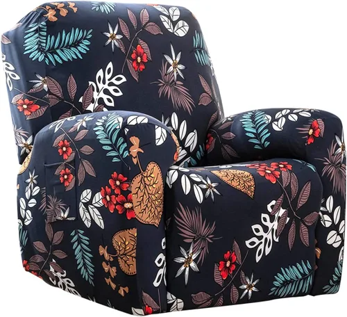 Vista 6 de Juego de 4 fundas para sillón reclinable de alta elasticidad, funda suave para sofá de 1 asiento, funda estampada para silla reclinable con bolsillo
