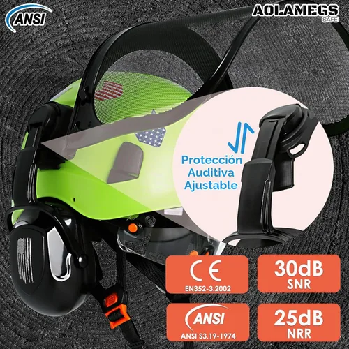 Vista 6 de Casco de motosierra con protector facial y orejeras, casco de arborista ventilado con protección auditiva y máscara de malla completa, casco Kit