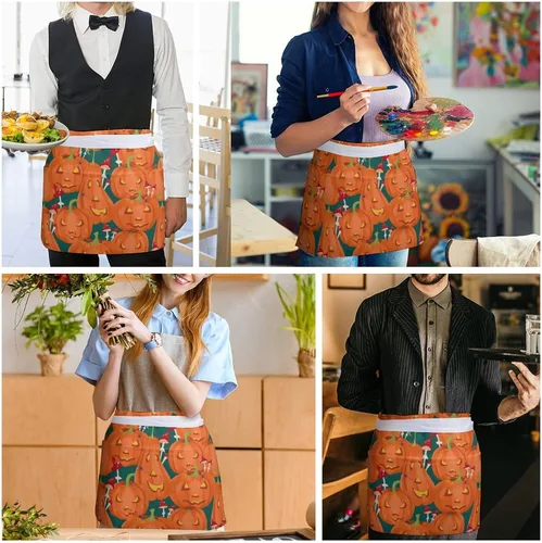 Vista 5 de Divertido delantal de cintura con patrón de calabaza de Halloween con 3 bolsillos, medio corto, para camarero, restaurante, cocina, delantales