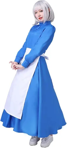 Vista 4 de Howl's Moving Castle Sophie - Disfraz de sirvienta azul con delantal blanco
