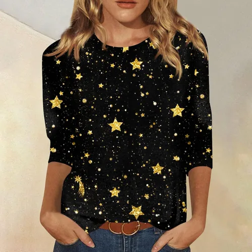 Vista 142 de Camisetas personalizadas para mujer, a la moda, casual, de séptima manga, estampada, cuello redondo, camiseta