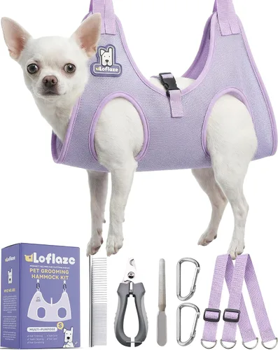 Vista 13 de Loflaze Arnés de Hamaca de Aseo para Perros y Gatos con Cortauñas Recortador de Uñas para Mascotas - Eslinga Colgante para Gatos para Recortar