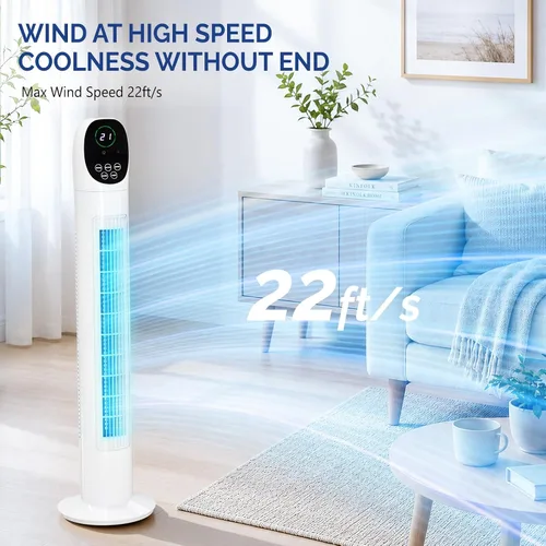 Vista 2 de ROVSUN Ventilador de torre sin aspas de 34 pulgadas con pantalla digital y control remoto, refrigeración turbo con 3 velocidades, temporizador de 9