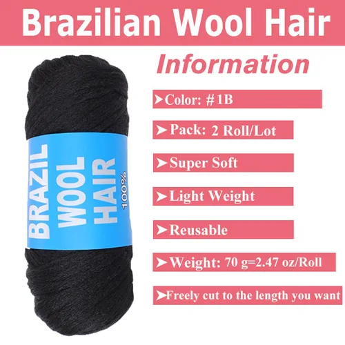 Vista 2 de COOKOO 2 rollos de hilo de lana brasileña color negro natural para cabello trenzado de ganchillo, trenzas, torsión, urdimbres, torsión senegalesa