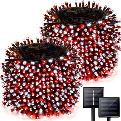 Vista 18 de Paquete de 2 tiras de luces solares de 480 LED para exteriores, luces solares súper largas de Navidad de 170 pies para exteriores con 8 modos