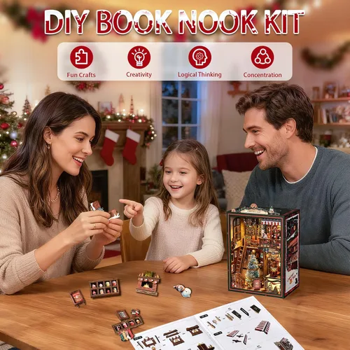 Vista 4 de Kit de Rincón de Libros para Adultos, Rompecabezas de Madera 3D DIY en Miniatura Kit Booknook con Luz LED con Sensor, Decoración de Estantería