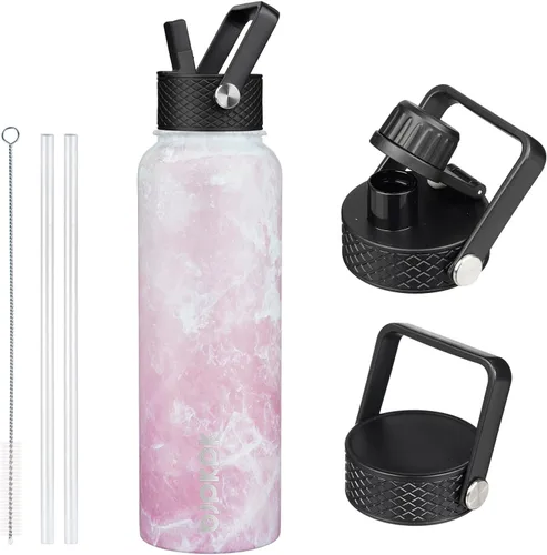Vista 111 de BJPKPK Botellas de Agua Aisladas con Tapa de Pajita, Botella de Agua de Acero Inoxidable de 18oz, Termo Frío Caliente con 3 Tapas, Vaso de Viaje a