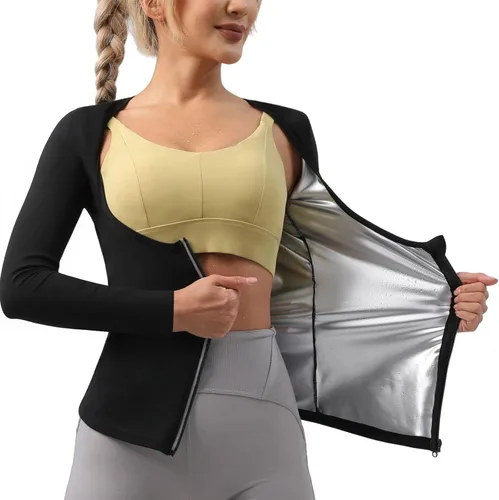 Vista 7 de Traje de sauna, chaqueta moldeadora de cuerpo de sudor caliente, entrenador de cintura, manga larga, con cremallera, camiseta de entrenamiento