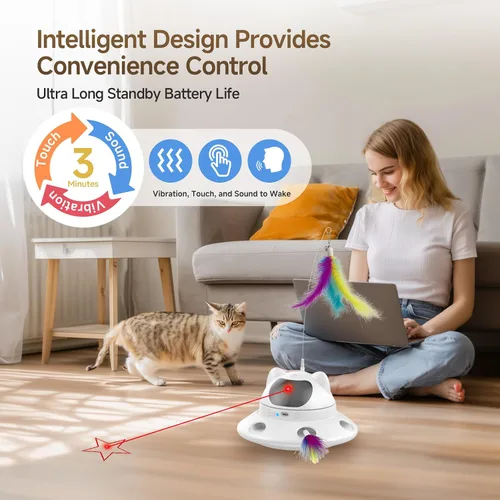 Vista 4 de Juguete láser para gatos, juguete automático interactivo 3 en 1 para gatos de interior, 5 patrones de luz láser roja ajustables, sensor inteligente