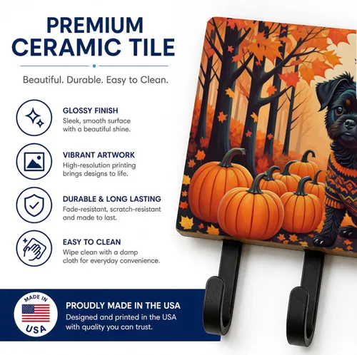 Vista 3 de Affenpinscher - Correa de otoño o llavero Affenpinscher Fall artwork on ceramic tile with three steel hooks for keys, leashes, towels