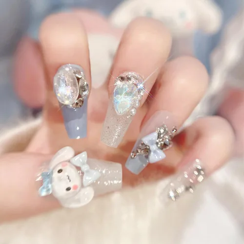 Vista 8 de Uñas postizas a presión con estampado de leopardo, lindas uñas postizas con dijes, uñas largas de ataúd, uñas postizas de cobertura completa