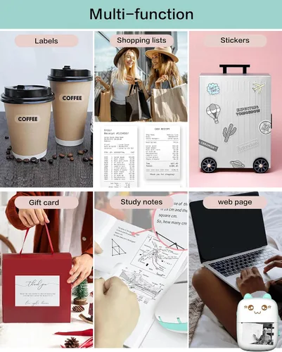 Vista 7 de Mini impresora portátil, impresora de pegatinas sin tinta con 8 rollos de papel, mini impresora térmica inalámbrica Bluetooth compatible con iOS +