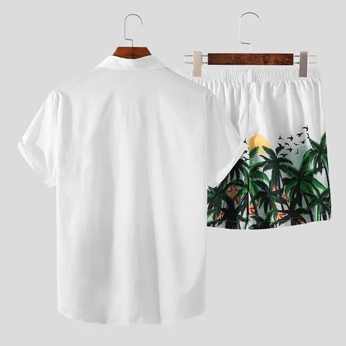 Vista 4 de Conjunto de 2 piezas para hombre con estilo casual hawaiano para verano, camisetas sin mangas, camisetas de playa y juegos de fotos con bolsillos